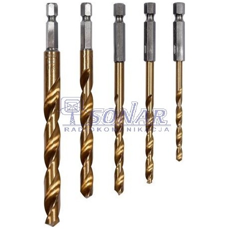 YT-44700 KOMPLET WIERTEŁ DO METALU Z TYTANOWA POWŁOKĄ 5 SZT. 4-10MM, UCHWYTY HEX